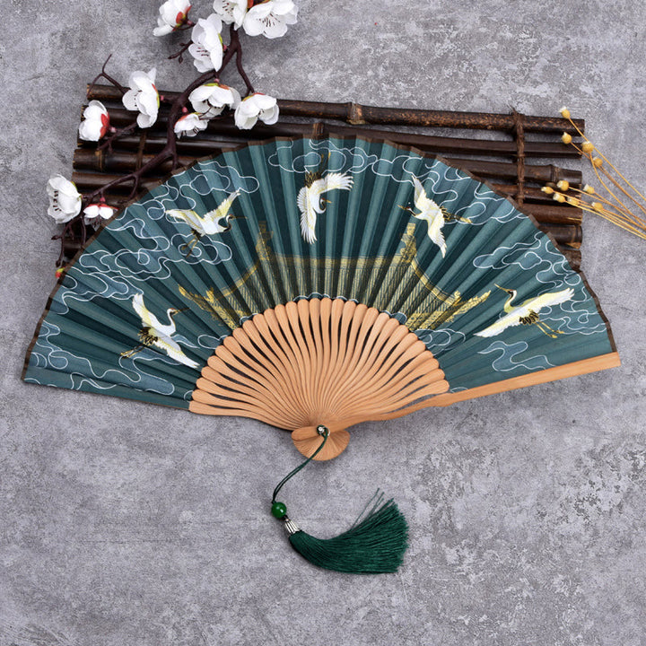 Buddha Stones Vintage Cloud Crane Pattern Handheld Bamboo Folding Fan - Dark Green - image 2