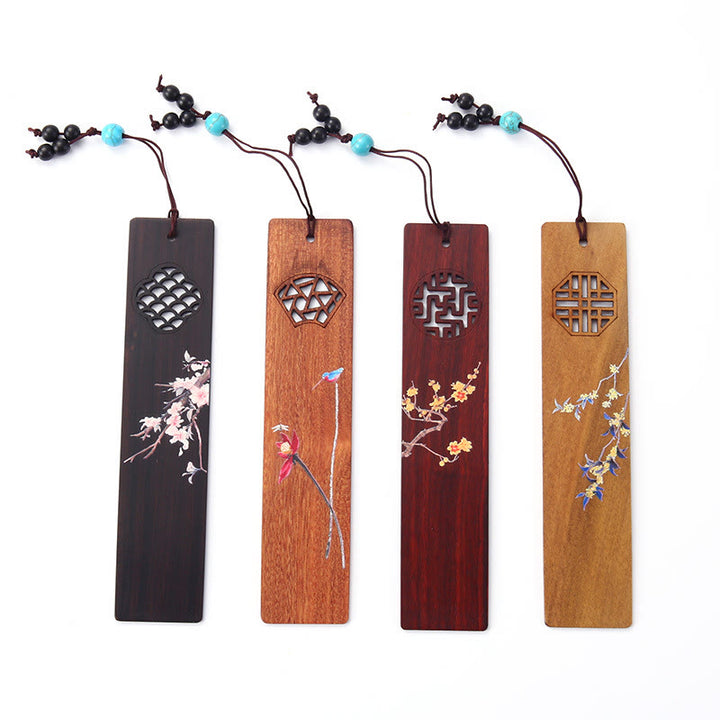 Buddha Stones 4Pcs Four Seasons Plum Orchid Bamboo Chrysanthemum Peking Opera Mask Wood Bookmarks With Gift Box - image 14