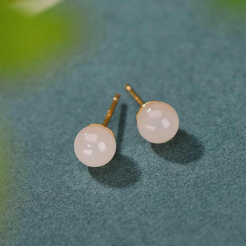 Buddha Stones 925 Sterling Silver Round White Jade Blessing Stud Earrings - image 4