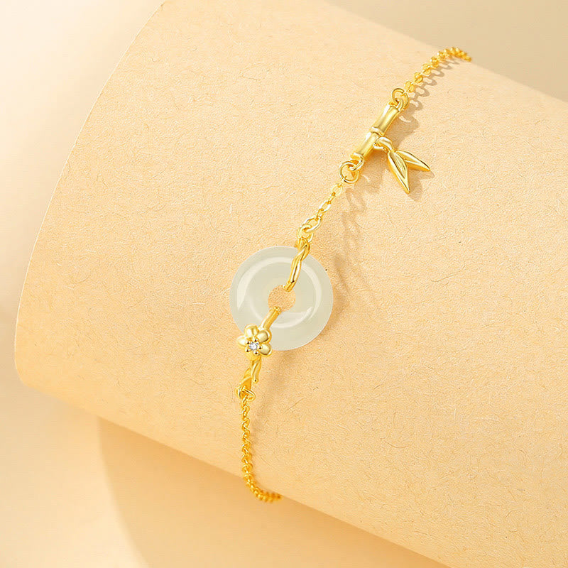 Buddha Stones 925 Sterling Silver Hetian Jade Chalcedony Peace Buckle Bamboo Leaf Prosperity Chain Bracelet - image 3