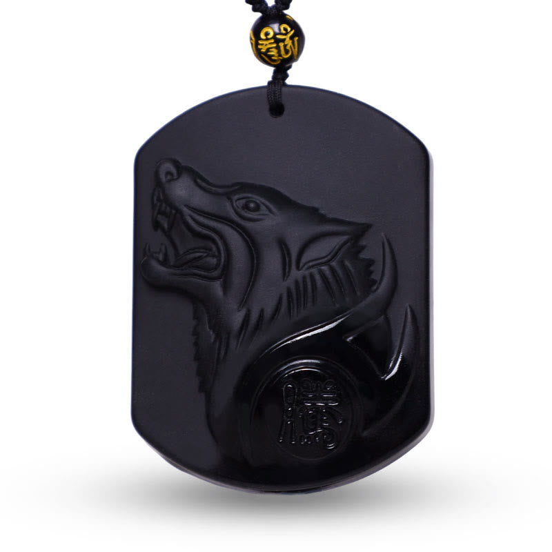 Buddha Stones Black Obsidian Stone Wolf Purification Pendant Necklace - image 1