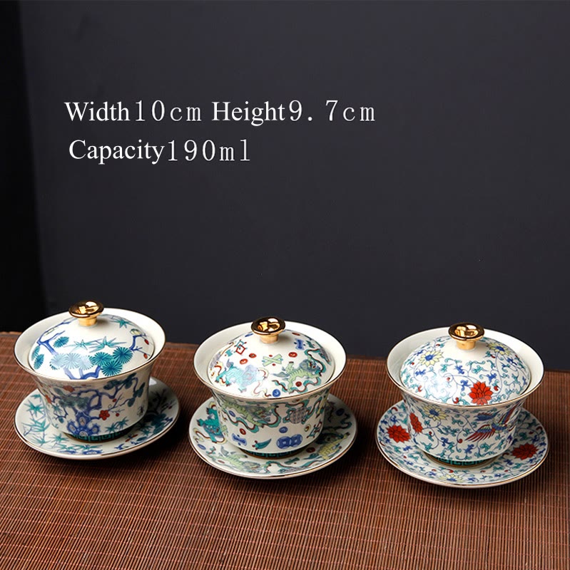 Buddha Stones Retro Plum Blossom Pine Bamboo Phoenix Kirin Ceramic Gaiwan Sancai Teacup Kung Fu Tea Cup and Saucer with Lid - image 15