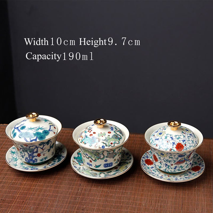 Buddha Stones Retro Plum Blossom Pine Bamboo Phoenix Kirin Ceramic Gaiwan Sancai Teacup Kung Fu Tea Cup and Saucer with Lid - image 15