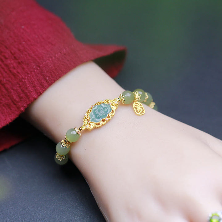 14K Gold Plated 925 Sterling Silver Hetian Jade Lotus Luck Bracelet - image 2