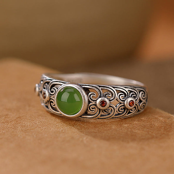 Buddha Stones 925 Sterling Silver Hetian Cyan Jade Harmony Adjustable Ring - image 6