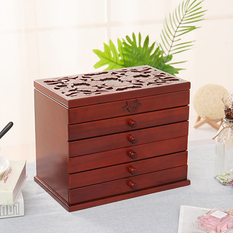 Buddha Stones Large Capacity Vintage Flowers Carved Wooden Jewelry Box Six-Layer Jewelry Storage Box - image 2