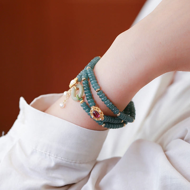 Buddha Stones 925 Sterling Silver Gold Plated Cyan Jade Flower Peace Buckle Success Triple Wrap Bracelet - image 2
