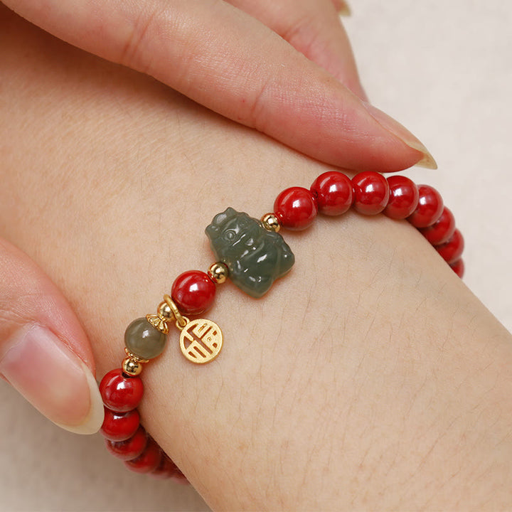 Buddha Stones 925 Sterling Silver Year of the Dragon Natural Cinnabar Hetian Jade Dragon Fu Character Ruyi As One Wishes Charm Blessing Bracelet - image 2