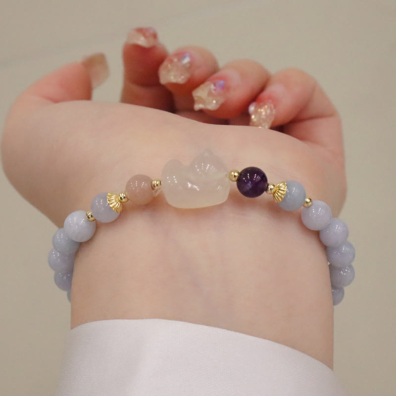 Buddha Stones Natural Aquamarine Chalcedony Serenity Rabbit Gourd Cat Charm Bracelet - Aquamarine Chalcedony Cat - image 6