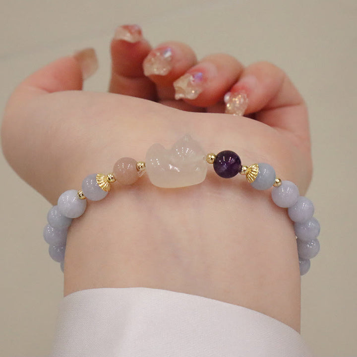 Buddha Stones Natural Aquamarine Chalcedony Serenity Rabbit Gourd Cat Charm Bracelet - Aquamarine Chalcedony Cat - image 6
