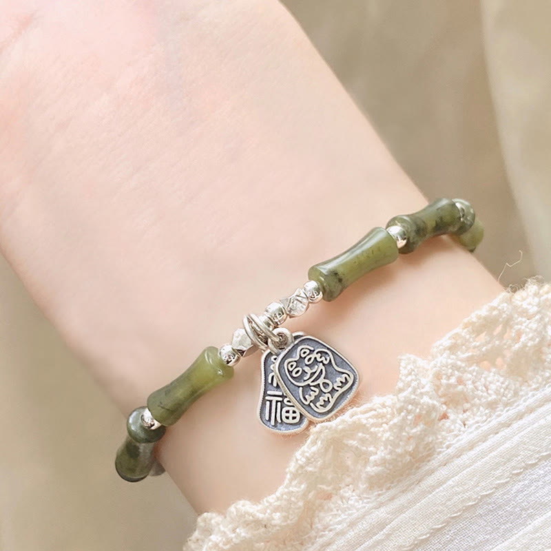 Buddha Stones 925 Sterling Silver Bamboo Jade Lucky Cat Fu Character Luck Abundance Bracelet - image 12
