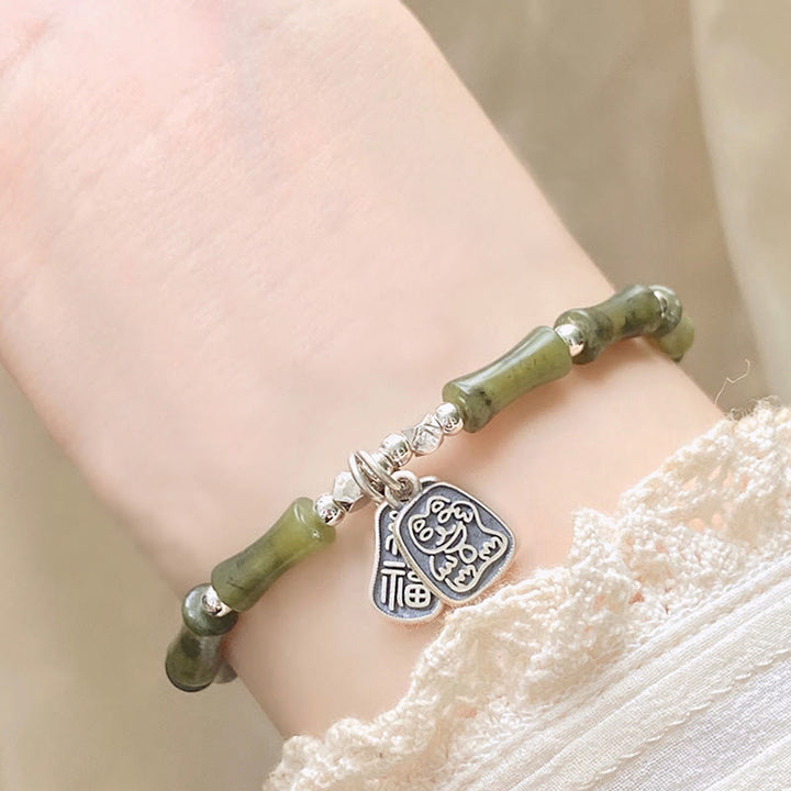 Buddha Stones 925 Sterling Silver Bamboo Jade Lucky Cat Fu Character Luck Abundance Bracelet - image 12