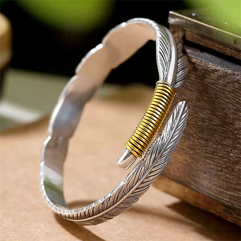 Buddha Stones Feather Pattern Engraved Luck Cuff Bracelet Bangle - Feather - image 0