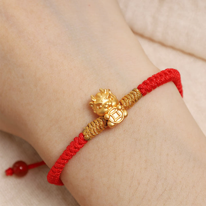 Buddha Stones 999 Sterling Silver Year of the Dragon Copper Coin Fortune Dragon Fu Character Luck Handcrafted Red String Braided Bracelet - image 3