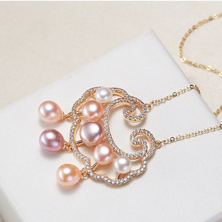 Buddha Stones 18K Gold Plated Natural Pearl Chinese Lock Charm Sincerity Necklace Pendant - image 3