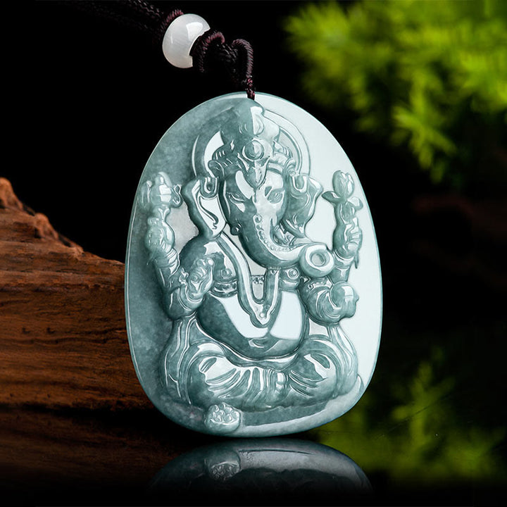 Buddha Stones Natural Jade Ganesh Ganpati Elephant Protection Amulet Necklace Pendant - image 2