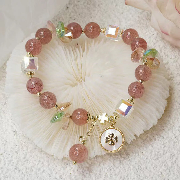 Buddha Stones Strawberry Quartz Lucky Four Leaf Clover Healing Charm Bracelet - image 9