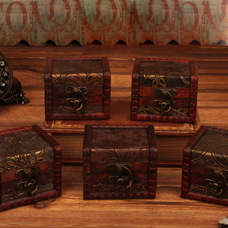 Buddha Stones Retro Small Square Wood Jewelry Box Lotus Grass Flower Grape Copper Coin Daffodil Jewelry Storage Box - image 1
