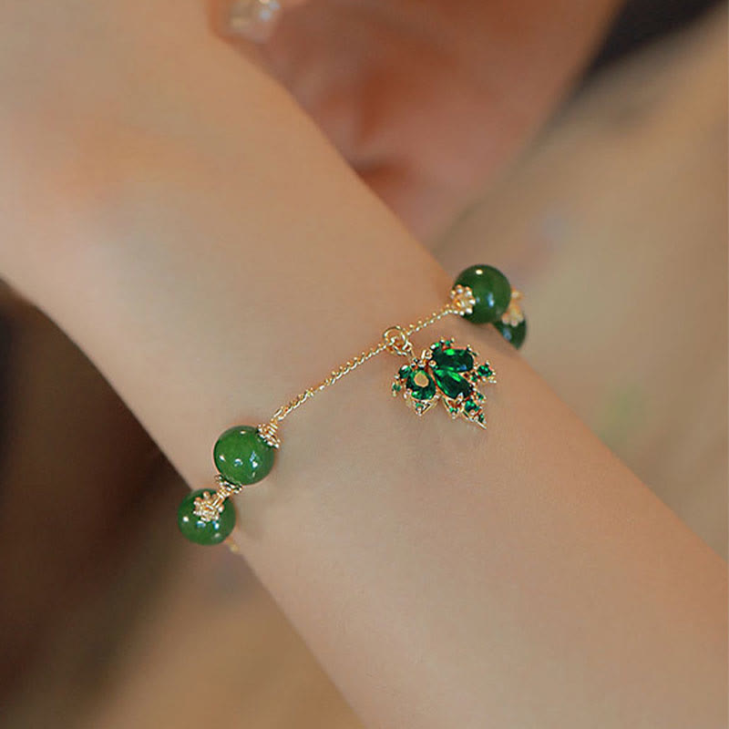 Buddha Stones 14k Gold Plated Green Chalcedony Maple Leaf Courage Strength Bracelet - image 3