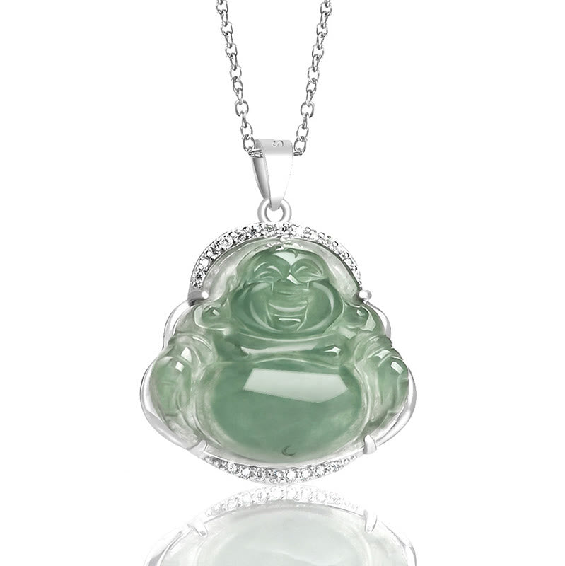 Buddha Stones 925 Sterling Silver Laughing Buddha Natural Jade Luck Prosperity Necklace Chain Pendant - image 1