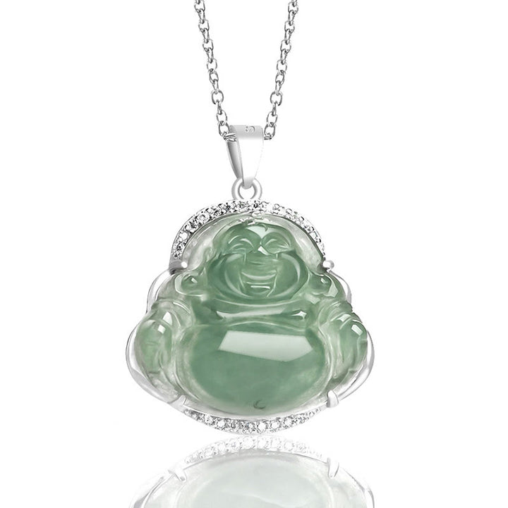 Buddha Stones 925 Sterling Silver Laughing Buddha Natural Jade Luck Prosperity Necklace Chain Pendant - image 1