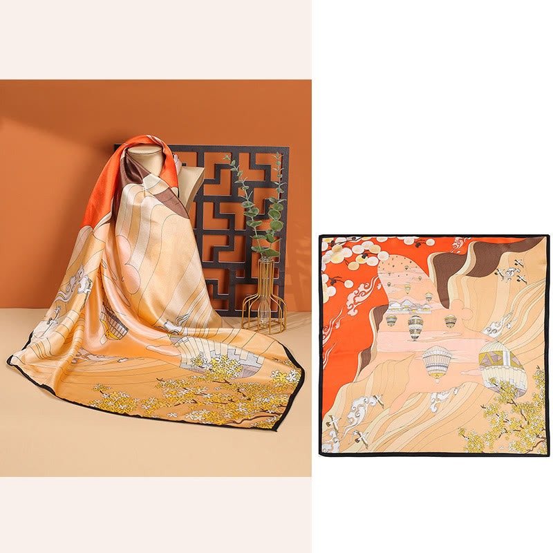 Buddha Stones Pastoral Scene Hot Air Balloon Spring Blossom 100% Mulberry Silk Neck Hair Scarf - Orange Hot Air Balloon - image 7