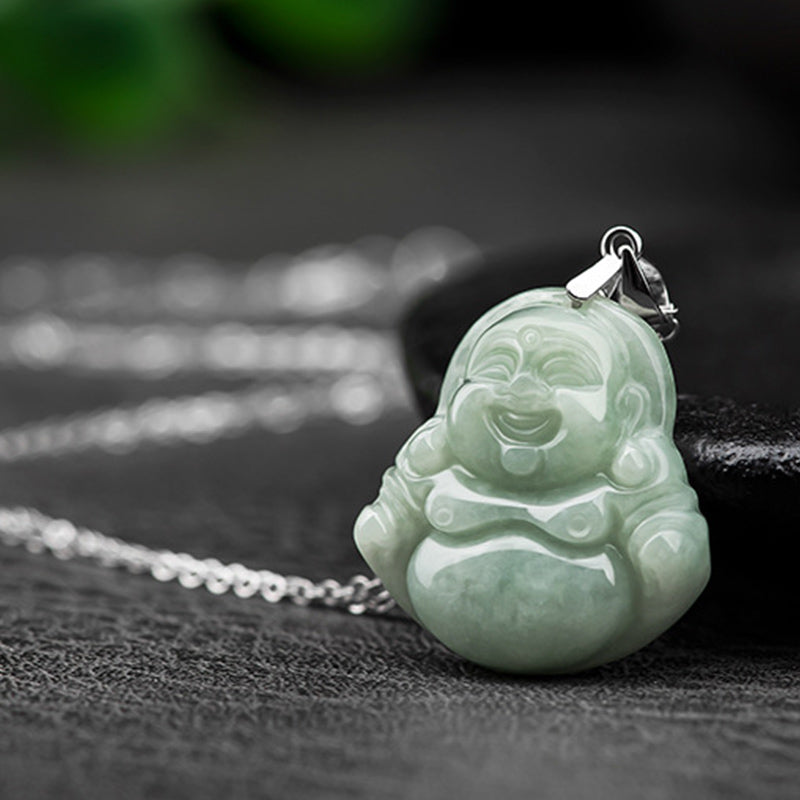 Buddha Stones 925 Sterling Silver Laughing Buddha Jade Blessing Necklace Chain Pendant - image 5