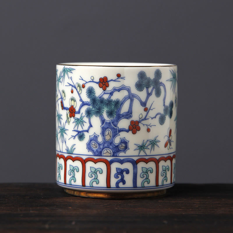 Buddha Stones Vintage Plum Blossom Pine Bamboo Phoenix Kirin Lion Dancing Ceramic Teacup Tea Cups - Plum Blossom Pine Bamboo(6.1cm*6.5cm*130ml) - image 1