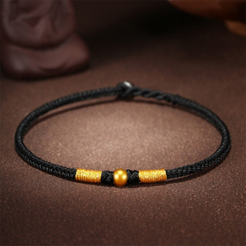 Buddha Stones 999 Gold Beads Luck King Kong Knot Handmade Braided Protection Bracelet - A Gold Bead - Black Rope - 24cm - image 2