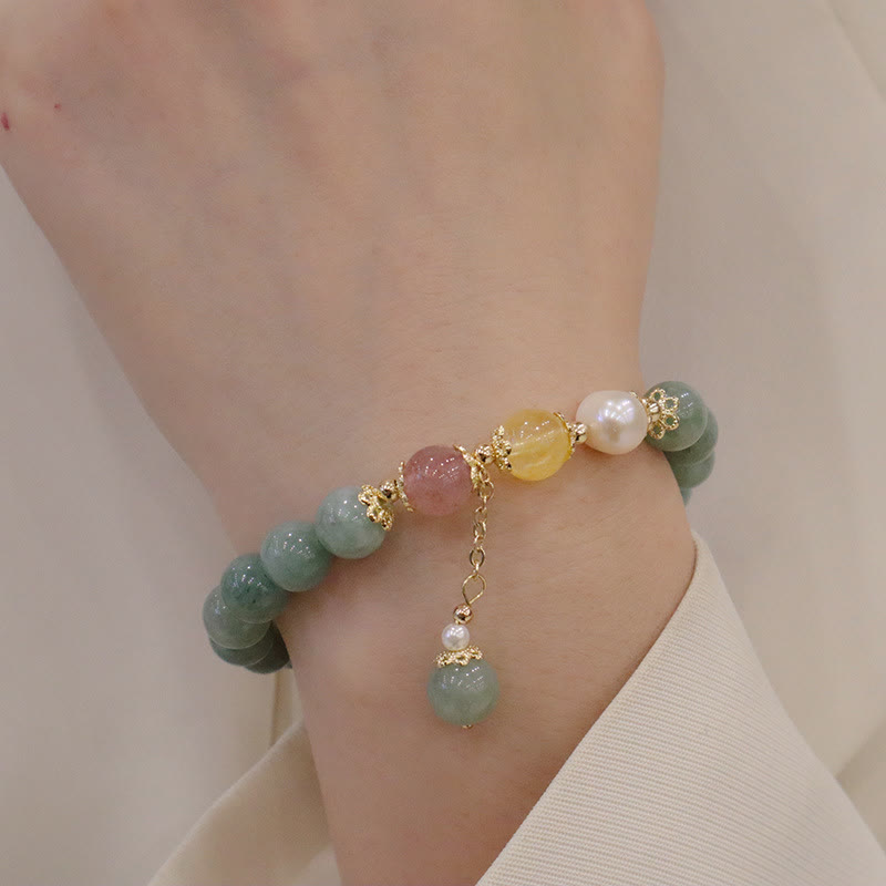 Buddha Stones Jade Pearl Strawberry Quartz Abundance Luck Bead Charm Bracelet - image 4
