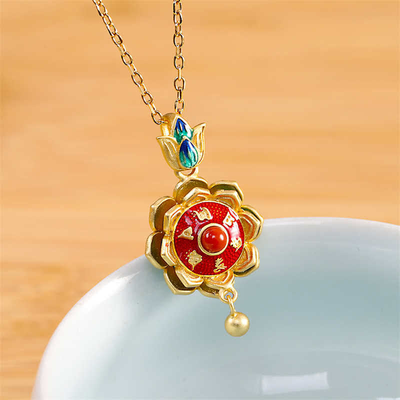 Buddha Stones 925 Sterling Silver Tibet Lotus Prayer Wheel Red Agate Enlightenment Necklace Pendant - Necklace - image 0