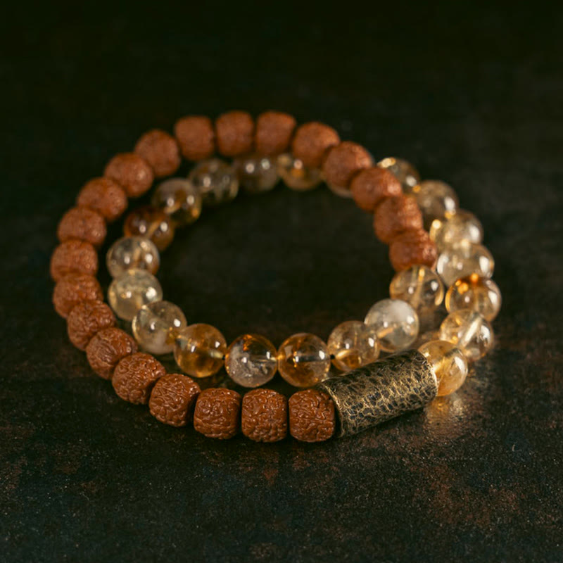 Buddha Stones Natural Citrine Crystal Rudraksha Bodhi Seed Brass Bead Prosperity Double Wrap Bracelet - image 1