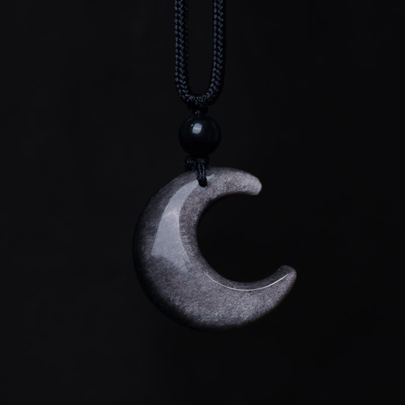 Buddha Stones Natural Silver Sheen Obsidian Selenite Crystal Crescent Moon Yin Yang Couple Protection Necklace Pendant - image 2