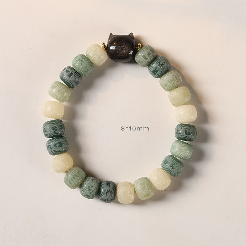 Buddha Stones Bodhi Seed Silver Sheen Obsidian Cat Head Om Mani Padme Hum Engraved Harmony Bracelet - image 10