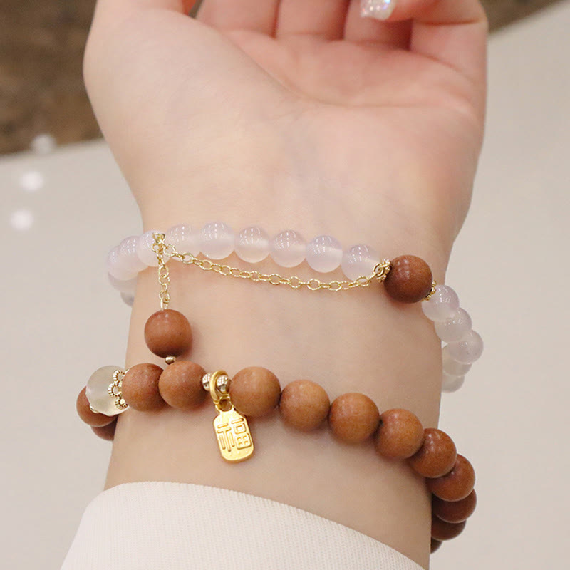 Buddha Stones Sandalwood Cat's Eye Fu Character Charm Protection Bracelet - image 0