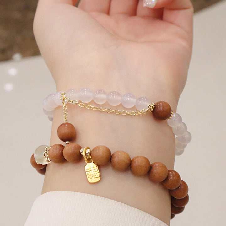 Buddha Stones Sandalwood Cat's Eye Fu Character Charm Protection Bracelet - image 0