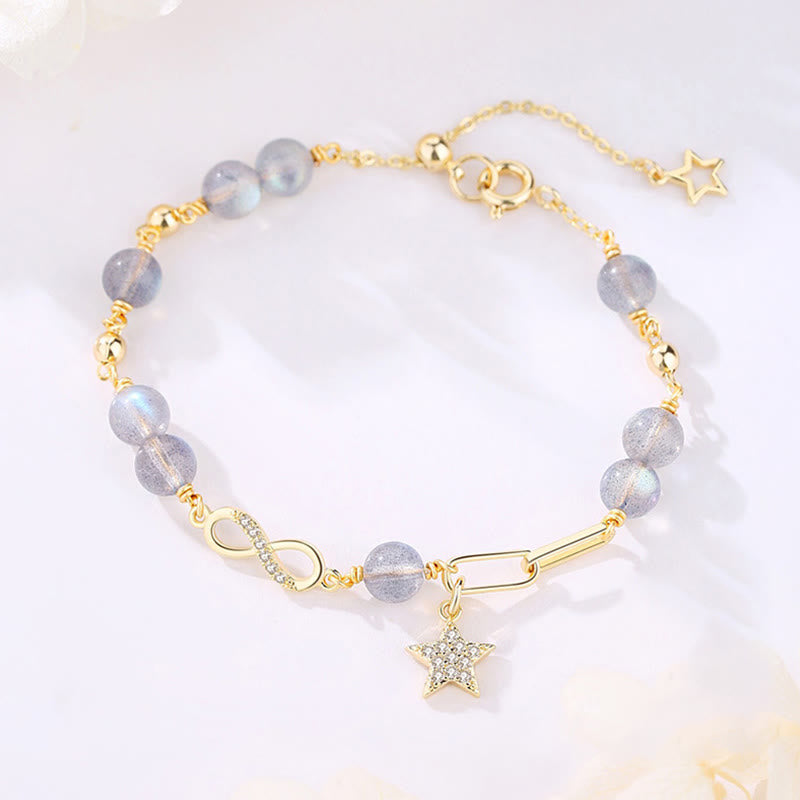 Buddha Stones 14K Gold Plated Natural Strawberry Quartz Moonstone Möbius Loop Eternal Love Star Positive Bracelet - image 5