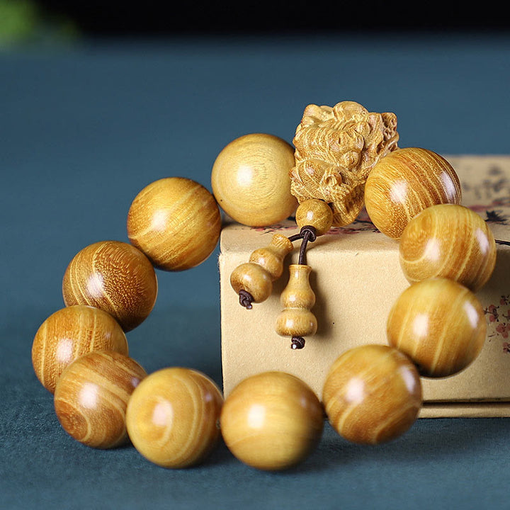 Buddha Stones Rosewood Green Sandalwood Small Leaf Red Sandalwood Dragon Carved Protection Bracelet - Sandalwood - image 6