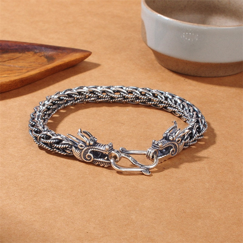 Buddha Stones 925 Sterling Silver Dragon Success Strength Bracelet Bangle - 22cm - image 0