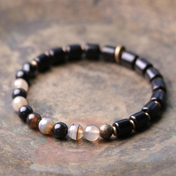 Buddha Stones Ebony Wood Red Jasper Moss Agate Crystal Copper Peace Couple Bracelet - Ebony&Agate - 18cm - image 12