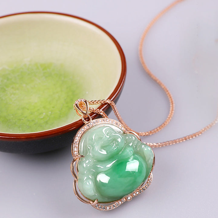 925 Sterling Silver Laughing Buddha Natural Jade Prosperity Necklace Chain Pendant - image 1