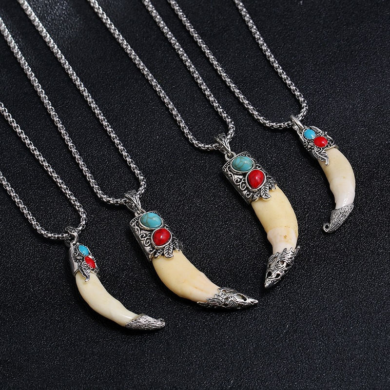 Buddha Stones Imitation Wolf Tooth Titanium Steel Balance Necklace Pendant - image 1
