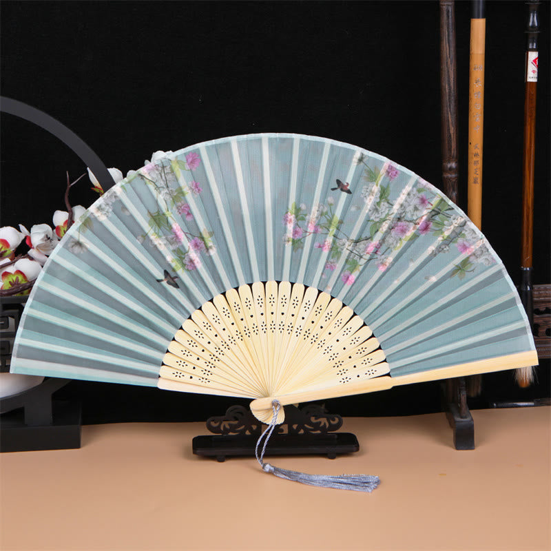 Buddha Stones Classic Birds Singing Flowers Handheld Bamboo Folding Fan - Birds Flowers - image 3