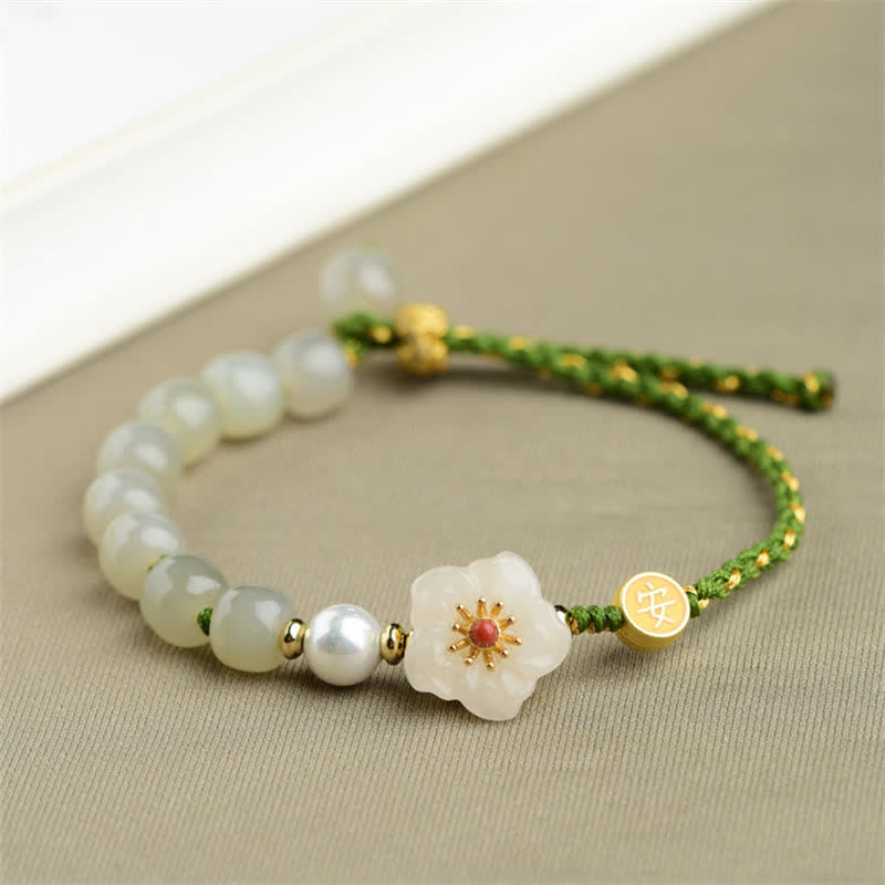 Buddha Stones 925 Sterling Silver Natural Hetian Jade Peach Blossom Luck Bracelet - image 7