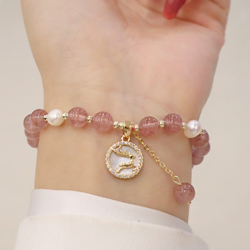 Buddha Stones Strawberry Quartz Pearl Elk Smiley Face Fishtail Fu Character Charm Healing Bracelet - image 3