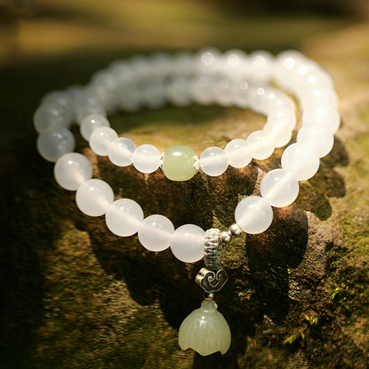 Buddha Stones White Agate Jade Lotus Protection Bracelet - image 7