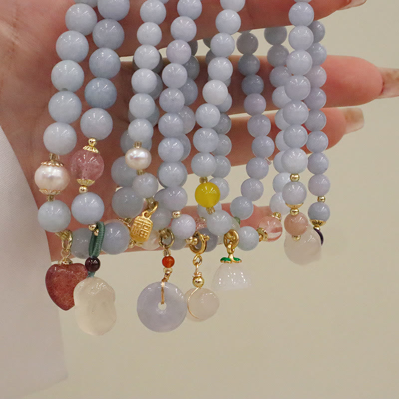Buddha Stones Natural Aquamarine Chalcedony Serenity Rabbit Gourd Cat Charm Bracelet - image 12