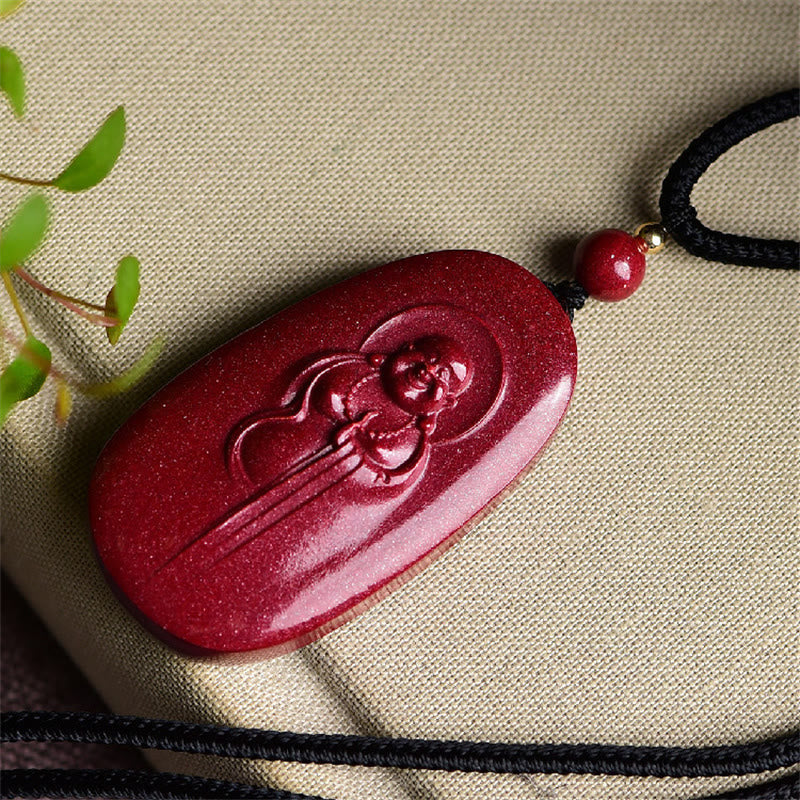 Buddha Stones Laughing Buddha Yin Yang Chinese Zodiac Gourd Natural Cinnabar Blessing Necklace Pendant - image 1