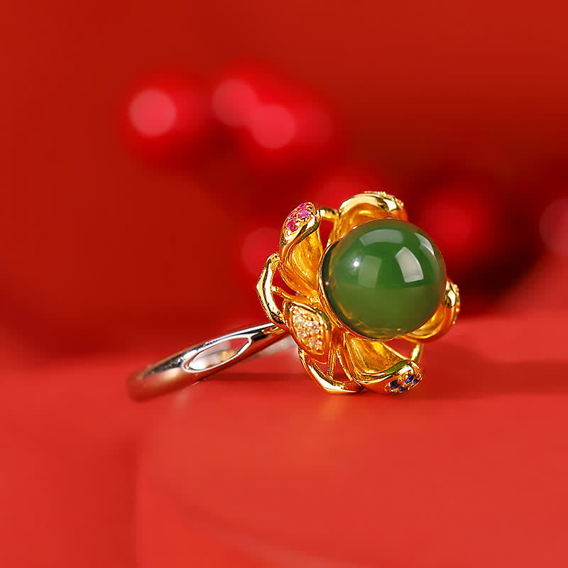 Buddha Stones 925 Sterling Silver White Jade Cyan Jade Lotus Flower Success Ring - image 11