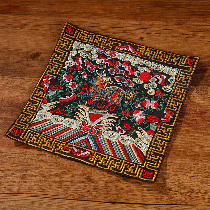 Buddha Stones Crane Phoenix Dragon Kirin Embroidered Cup Mat Pad Tea Cup Coaster Square Kung Fu Tea Mat - Black Kirin - image 31